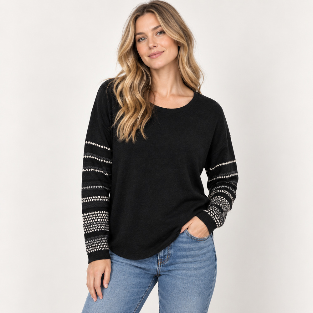 Smartwool Shadow Pine Crew Sweater M Merino Wool Black Gray Fair Isle Sleeve